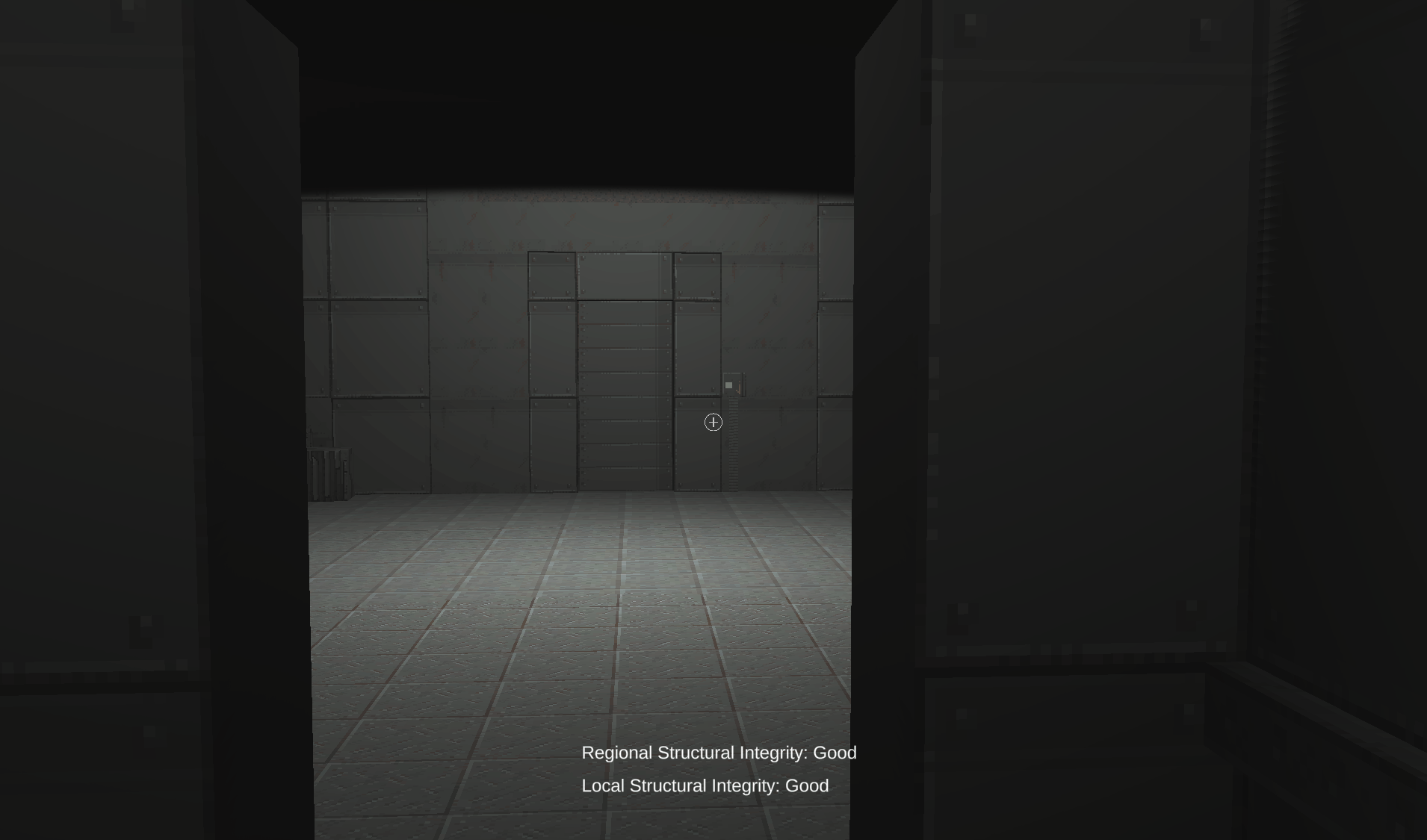 An animated gif in first person perspective of the viewer moving into a room and approaching a key-card swiping panel next to a door, and getting a notification that the panel requires power.