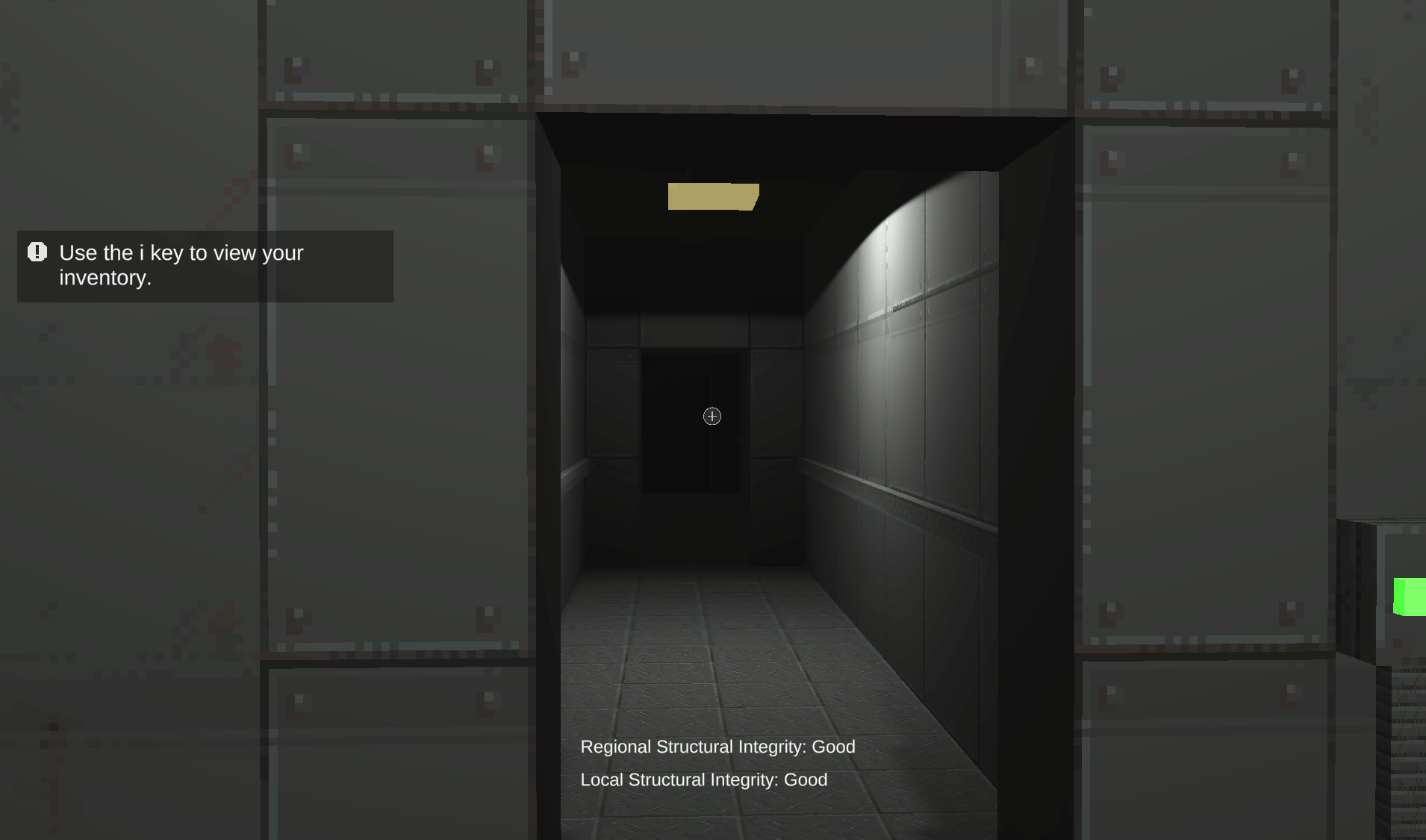 An animated gif in first person perspective of the viewer moving through a dark hallway that gets progressively darker until it is nearly black.