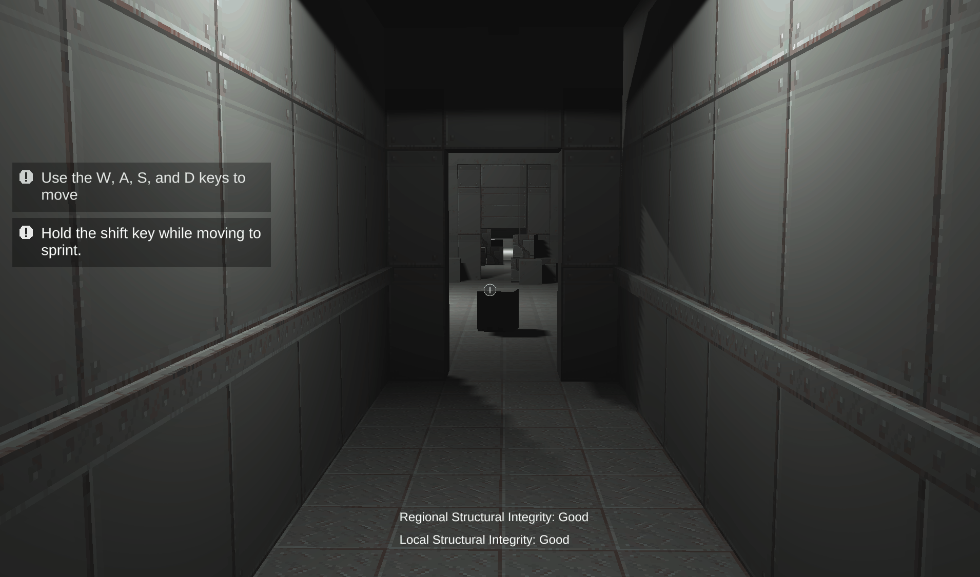An animated gif in first person perspective of the viewer moving from a hallway into a room, and looking into an adjacent hallway.