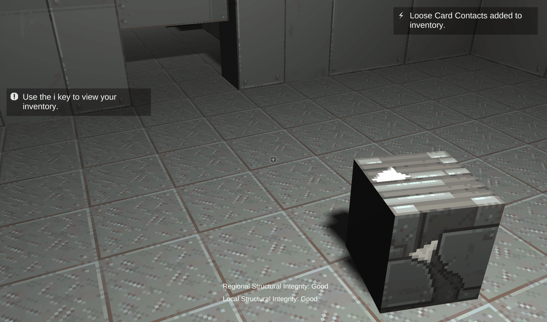 An animated gif in first person perspective of the viewer interacting with a cube of debris and a spatula item popping out of the top. The viewer then interacts with the item and gets a notification that a spatula was added to their inventory.