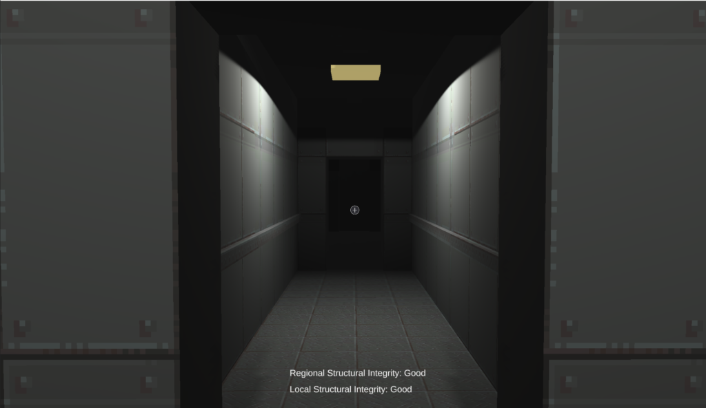 An image of a dimly lit hallway that continues into the darkness.
